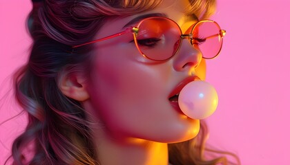 Wall Mural - 80s Retro Vibe: Woman Chewing Gum on Pink Background with Neon Tones and Bubble Fun