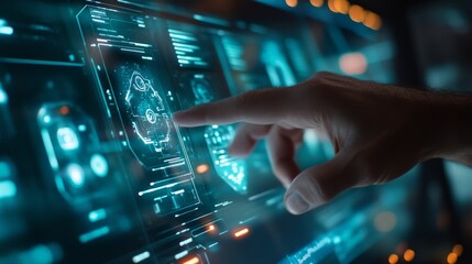 Poster - A hand interacts with a futuristic holographic screen that highlights various innovative IT solutions and services in a modern setting