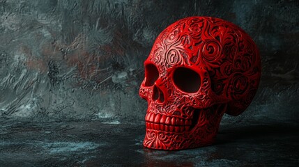 Poster - This striking handcrafted skull features vibrant red paint and unique patterns carved into its surface, artfully showcased against a dark, textured backdrop