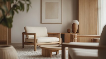 Poster - This modern living room showcases a harmonious blend of Japanese and Scandinavian styles, featuring natural wood and soft fabrics. The tranquil atmosphere invites relaxation