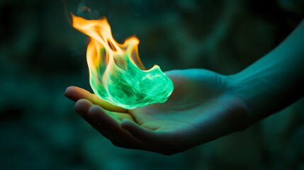 Poster - In a close-up view, a person's hand displays a vivid, glowing green flame-shaped accessory, emitting a soft light that enhances the surrounding ambiance