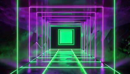 Wall Mural - Futuristic abstract neon geometric background with glowing laser lines and an empty nightclub stage in a square tunnel setting