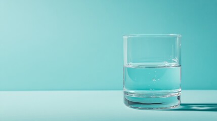 Poster - A medium closeup showcases a sleek glass vase brimming with clear water, elegantly set against a smooth pastel blue backdrop, creating a serene atmosphere