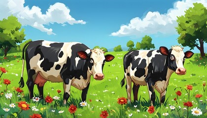 Wall Mural - Whimsical cartoon scene of dairy cows in a vibrant meadow adorned with colorful flowers, celebrating rural life and agriculture in a playful design.