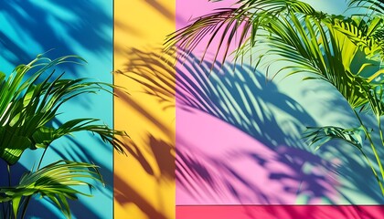 Iridescent palm leaf casting vibrant shadows on a colorful wall, showcasing natures light effects in a bright and playful wallpaper design.