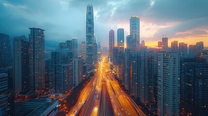 Poster - Time-lapse of a bustling city from day to night, skyscrapers, traffic movement, changing sky. Generative AI.
