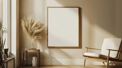 Poster - The mockup showcases a blank poster frame mounted on a midcentury style wall, surrounded by elegant minimalist furniture and soft natural lighting, creating a serene atmosphere