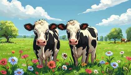 Wall Mural - Whimsical cartoon scene of dairy cows in a vibrant meadow adorned with colorful flowers, celebrating rural life and agriculture in a playful design.