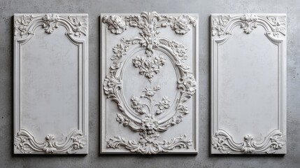 Poster - A trio of canvases showcases intricate stucco moldings against a smooth concrete wall, highlighting a blend of texture and elegance in interior decor