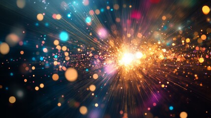 Poster - A burst of colorful light rays and sparkling particles emerges from a focal point, creating an enchanting atmosphere filled with energy and wonder