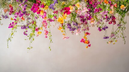 Poster - Cascading flowers in shades of pink, purple, and yellow create a striking visual effect, beautifully arranged to hang from above, enhancing artistic ambiance