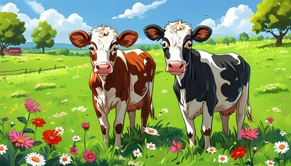 Wall Mural - Whimsical cartoon scene of dairy cows in a vibrant meadow adorned with colorful flowers, celebrating rural life and agriculture in a playful design.