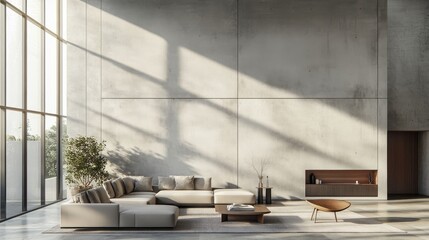 Poster - this modern loft features a minimalistic design with concrete walls, a spacious layout, and abundant