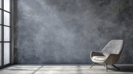 Poster - This modern living room showcases a sleek accent chair positioned against a large, textured gray wall, beautifully illuminated by natural light streaming through the windows