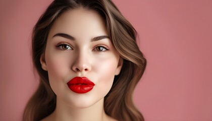 Wall Mural - Elegant close-up portrait of a young woman applying vibrant red lipstick against a soft pastel background, showcasing beauty and luxury in cosmetics.