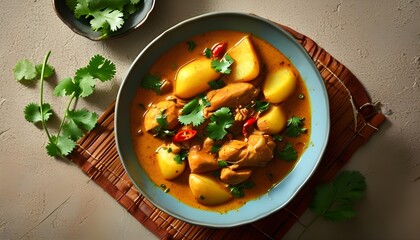 Wall Mural - Flavorful Massaman Curry with Chicken and Potatoes, Garnished with Cilantro, Celebrating Thai Culinary Tradition and Comfort Food in a Beautiful Presentation