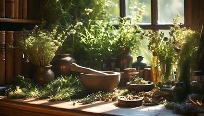 Wall Mural - Sunlit herbalists study featuring a mortar and pestle surrounded by dried herbs, embodying the essence of herbal medicine and natural healing practices.