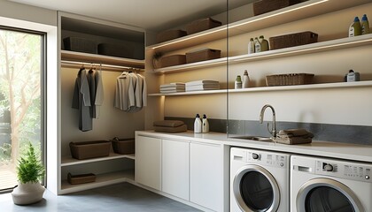 Wall Mural - Bright and airy modern laundry room featuring sleek appliances, open shelving, and a clean design for optimal home organization and functionality.