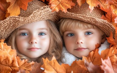 Two kids wearing straw hats surrounded by vibrant autumn leaves, smiling with bright blue eyes in a cozy fall setting.