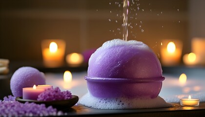 Indulgent spa experience with a purple bath bomb fizzing in a softly lit bathtub, embodying relaxation and luxury in a tranquil atmosphere.