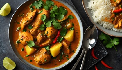 Wall Mural - Flavorful Massaman Curry with Chicken and Potatoes, Garnished with Cilantro, Celebrating Thai Culinary Tradition and Comfort Food in a Beautiful Presentation