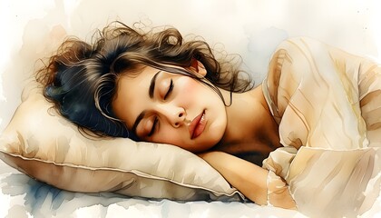 Poster - Tranquil watercolor portrait of a woman resting peacefully on a soft pillow, embodying deep sleep, relaxation, and serene beauty.