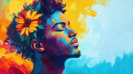 A colorful painting of a man with a flower in his hair 