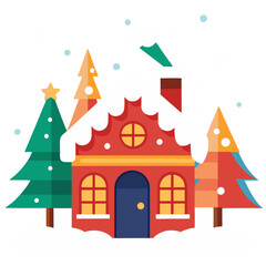 Cozy Christmas House: Festive illustration featuring a charming red house with a snowy roof, surrounded by snow-covered pine trees, perfect for holiday greetings and winter season designs.  