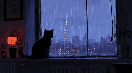 A black cat gazes out the window at a rainy city skyline at dusk.