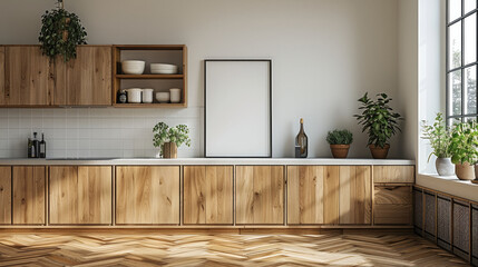 Modern kitchen interior with light wooden cabinets and a poster frame on the wall, white walls, parquet floor, minimalist style. Generative AI.