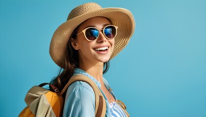 Wall Mural - Joyful traveler ready for adventure in summer attire with beach hat and sunglasses against vibrant blue backdrop