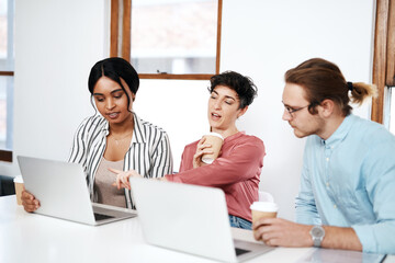 Aufkleber - Group, teamwork or designers on laptop in startup for planning, project review and feedback. Typing, schedule or people on technology in agency for online media planner, social network update or news