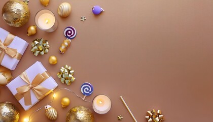 3D render of HAPPY New Year banner template. Flat lay composition with ornaments, wrapped gift, gold background.