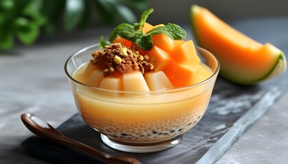 Wall Mural - Thai tapioca pudding with sweet cantaloupe in a glass bowl, celebrating traditional Asian cuisine and summer dessert delights