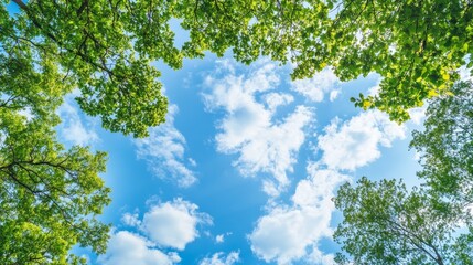 bright blue sky with fluffy white clouds is beautifully framed by lush green tree branches, creating