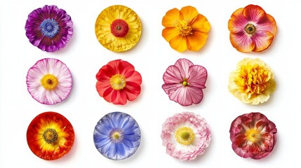 Poster - A collection of colorful round flower wall panels features diverse floral patterns, creating a lively and artistic display against a clean, white backdrop