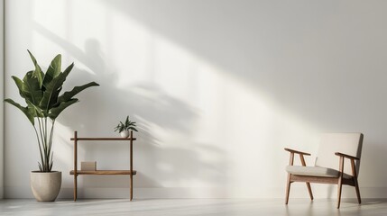Poster - A bright, airy room showcases a minimalist aesthetic with a contemporary chair, a stylish rack, and vibrant potted plants. Soft light creates gentle shadows on the walls