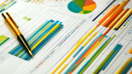 Poster - Bright and colorful charts and graphs are laid out on a desk, showcasing detailed business data analysis with a sleek pen positioned nearby