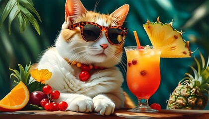 Wall Mural - Charming feline in sunglasses savoring a tropical fruit cocktail, embodying summer vibes and vacation spirit in a vibrant graphic illustration