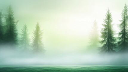 Poster - A serene green forest background with mist rising between the trees and a soft green glow from the morning light.
