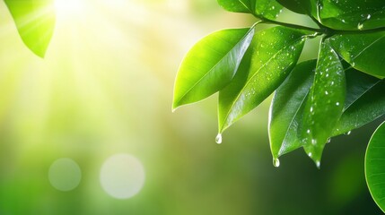 Poster - A serene green leaf background with soft light illuminating fresh, dewy leaves. Nature-inspired and peaceful.