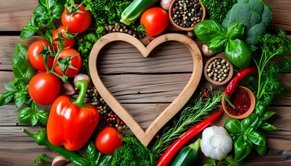 Wall Mural - Culinary Art with Fresh Vegetables and Spices on a Heart-Shaped Wood Surface