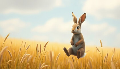 A rabbit is standing in a field of tall grass