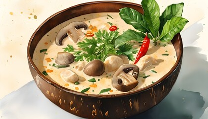 Wall Mural - Artistic depiction of Tom Kha Gai featuring chicken and mushrooms in coconut milk broth, showcasing the essence of traditional Thai cuisine with fresh herbs.