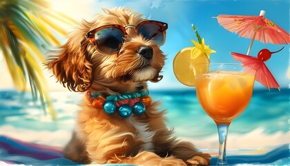 Wall Mural - Chic Canine in Shades Sipping Tropical Cocktail on Sunlit Beach, Embracing Summer Vibes and Relaxation in Vibrant Watercolor Art