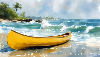 Wall Mural - Tranquil watercolor scene of a yellow canoe resting on sandy beach beside gentle ocean waves, evoking feelings of vacation and relaxation