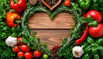 Wall Mural - Culinary Art with Fresh Vegetables and Spices on a Heart-Shaped Wood Surface