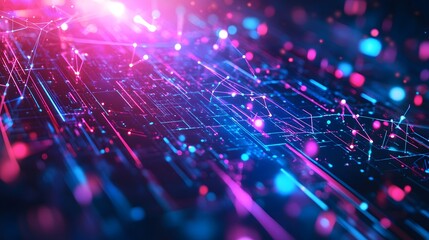 Poster - Abstract geometric shapes representing AI algorithms float in a high-energy digital space, with neon hues and dynamic lines, but the soft, steady glow creates a chill atmosphere.
