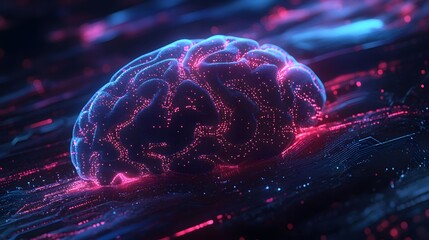 Poster - An abstract AI brain composed of glowing circuits and data streams pulses with vibrant energy in a futuristic space, yet the calm, flowing patterns evoke a relaxed, chill mood.