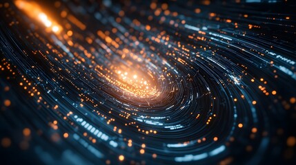 Poster - Abstract patterns of glowing circuit lines weave through a dark background, converging into a central point that represents AI intelligence, with soft radiance suggesting a feeling of thankfulness.